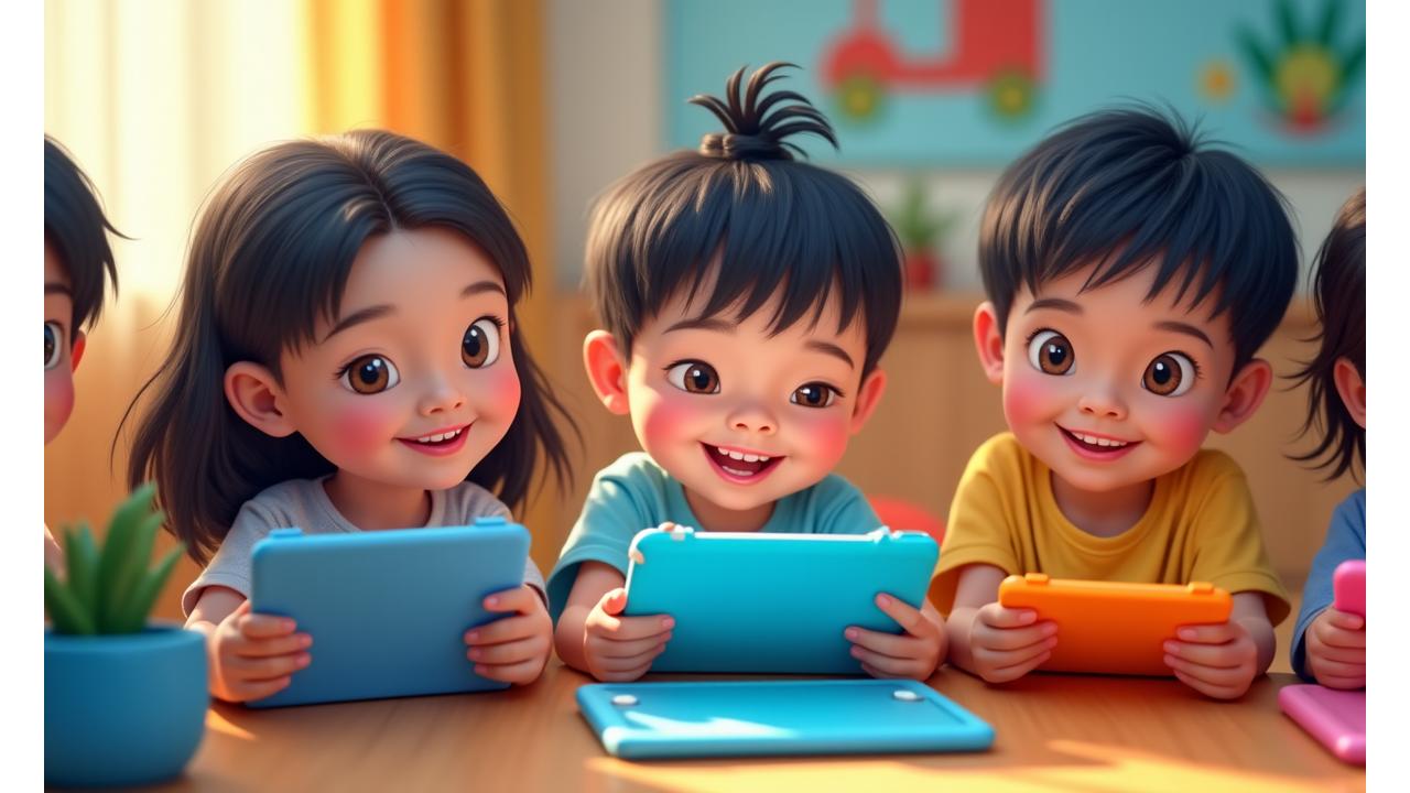 Filipino children excitedly using Sulyap Kids educational apps on tablets, with a vibrant, playful background featuring traditional Filipino elements like jeepneys and sarimanok in a modern, stylized way.