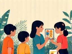 Diverse group of Filipino children engaging with traditional Filipino games and stories, represented visually as digital elements on screens.