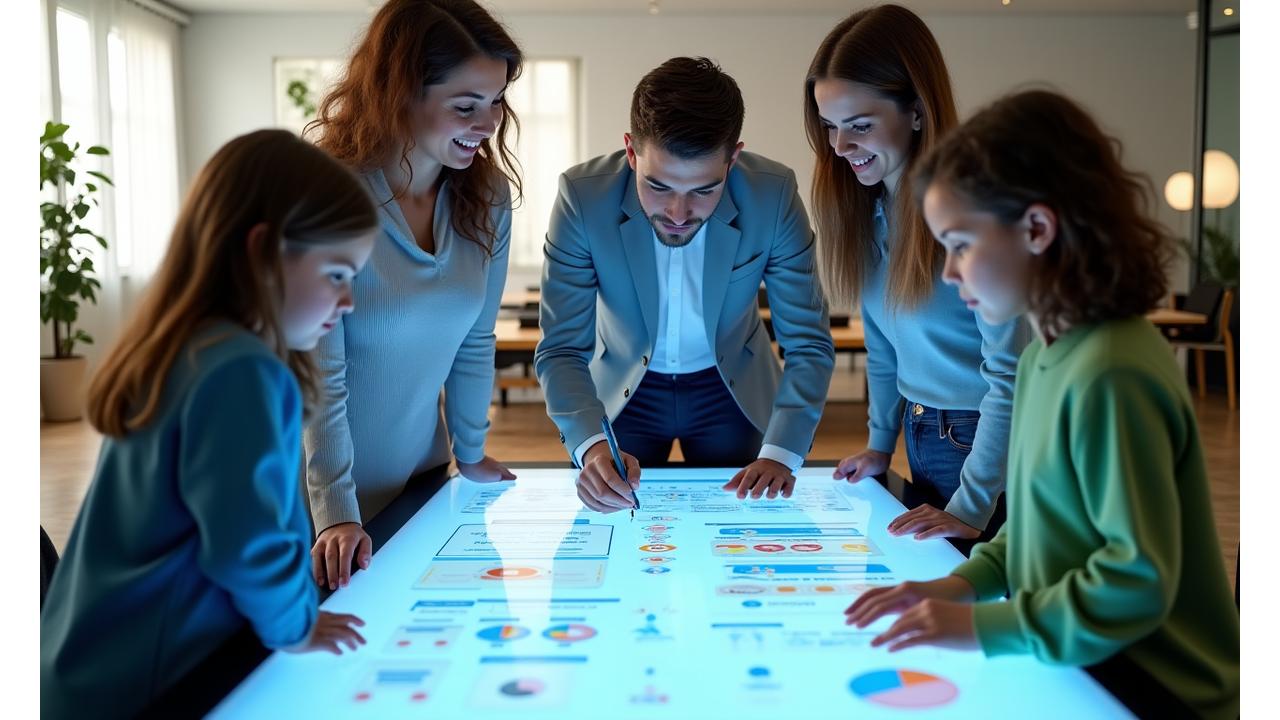 Illustration of a team collaborating around a tablet showing app wireframes, with a child-friendly interface, symbolizing comprehensive consulting services.