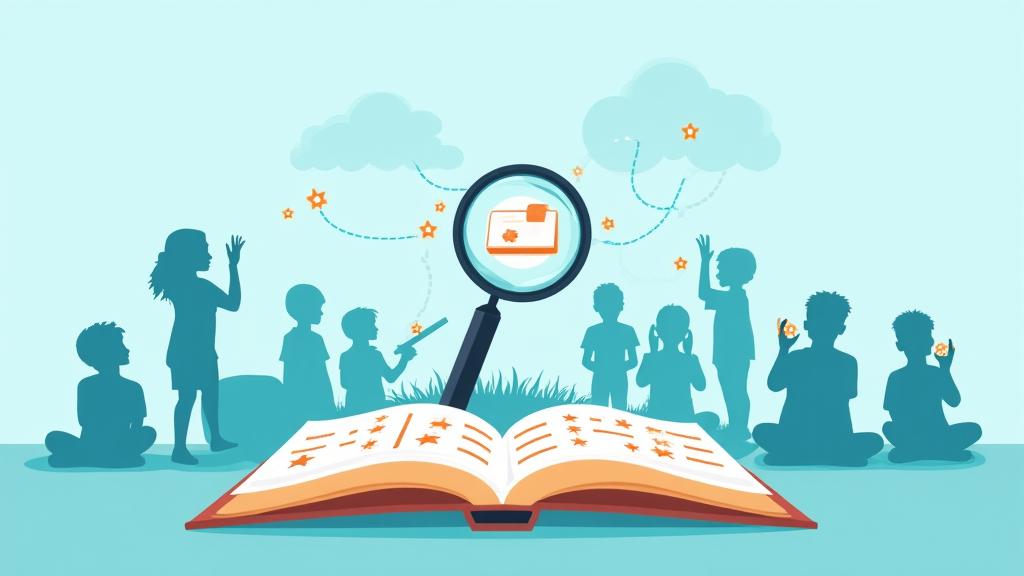 Illustration of a magnifying glass examining a digital privacy policy with children in the background, symbolizing COPPA compliance and data protection.