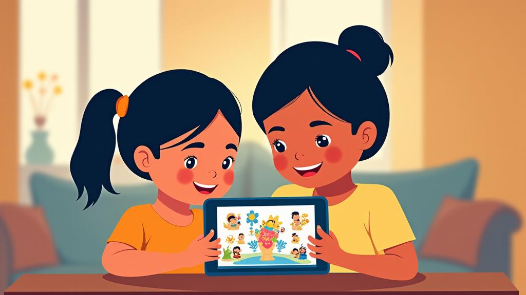 Illustration showing Filipino children happily interacting with a tablet, supervised by parents, with traditional Filipino design elements integrated into the app interface. It emphasizes cultural relevance in digital safety.