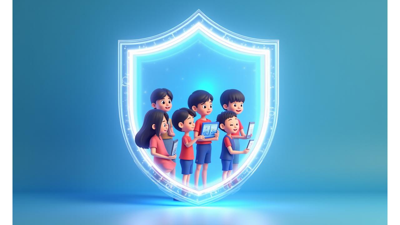 Illustration of a stylized shield protecting digital devices, representing child-safe app design and cybersecurity in an educational context.