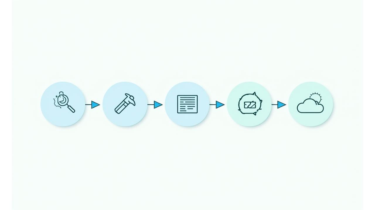 Illustration of a simplified flowchart or timeline depicting a five-step process for child-safe app development, with each step represented by an icon (e.g., magnifying glass for audit, gear for design, shield for testing).