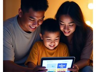 Illustration of proud parents and a child looking at digital artwork on a tablet screen, showing the sharing feature of Sulyap Kids app.