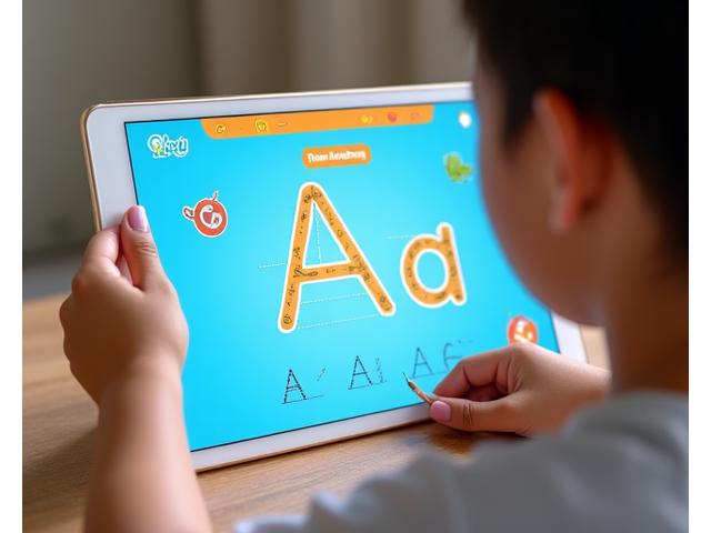 Child practicing handwriting on a tablet with Sulyap Kids app, showing correct stroke order guides for Filipino letters, in a bright, engaging interface.