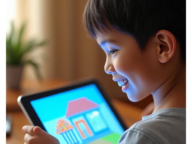 Child enthusiastically drawing on a tablet with vibrant Filipino-themed art tools and handwriting guides visible on screen.