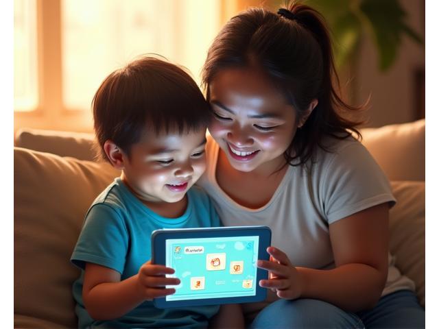Grandparent and grandchild learning Filipino together using an app, showing intergenerational bonding