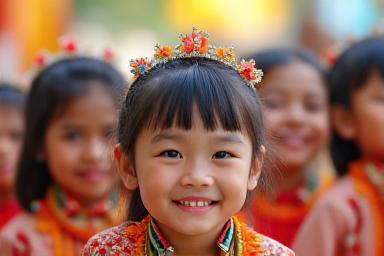 Children celebrating a Filipino festival with traditional attire and decorations