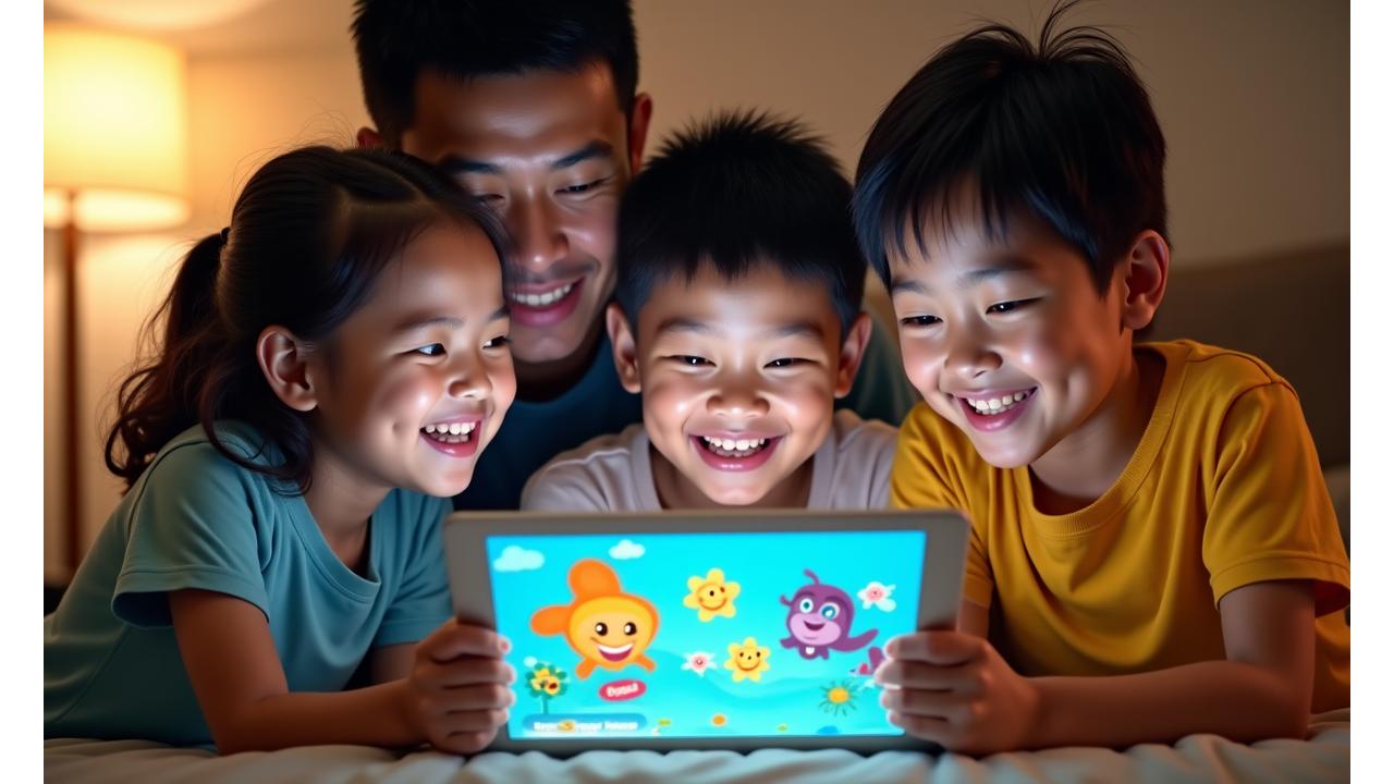 Filipino family learning language together on a tablet, with cultural elements
