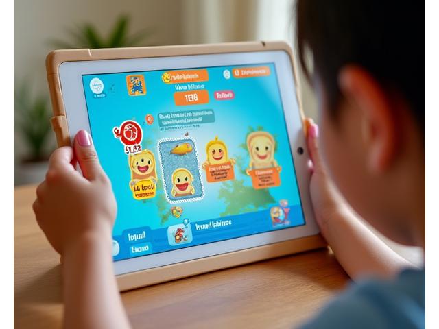 Child enthusiastically using a Sulyap Kids app with gamified Filipino characters and interactive elements