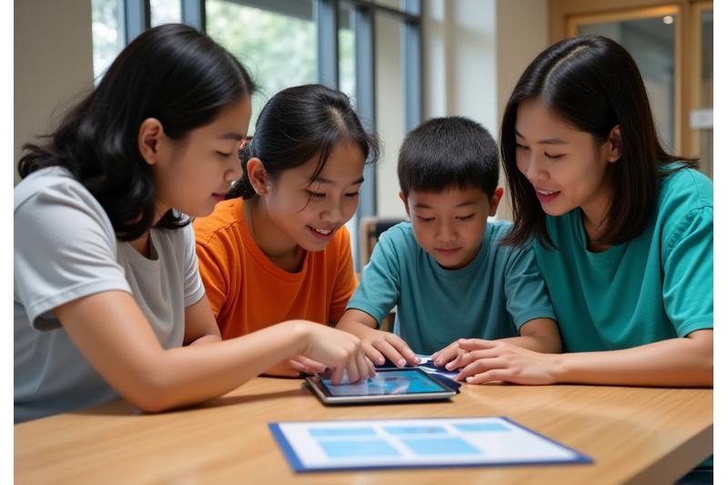 Mga Pilipinong guro at therapists na nagtutulungan sa isang table, pinag-uusapan ang Sulyap Kids app sa isang tablet, na sumisimbolo sa propesyonal na research at collaboration.