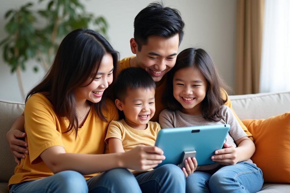 Isang Pilipinong pamilya – magulang at dalawang anak, isa na may special needs – na masayang nag-aaral at naglalaro gamit ang Sulyap Kids app sa bahay, na sumisimbolo sa pamilyar na suporta at pagiging inklusibo.