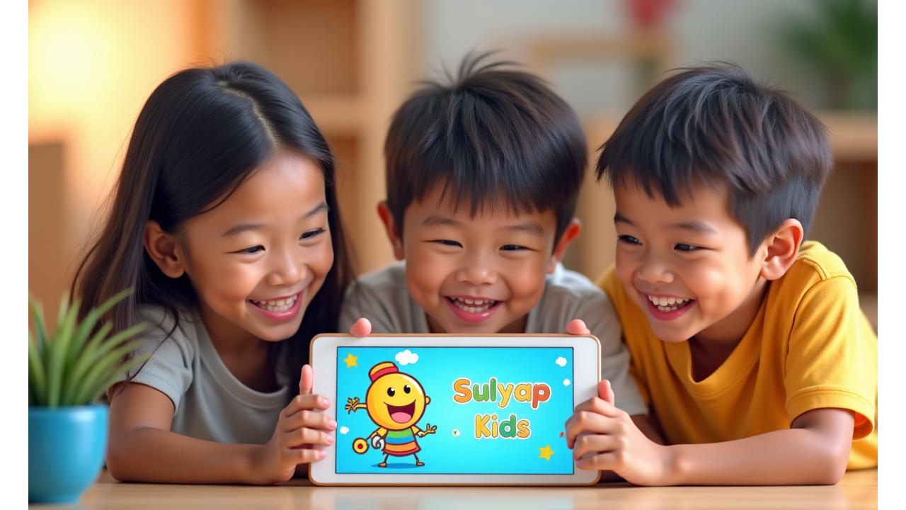 Masayang batang Pilipino na may iba't ibang kakayahan na magkasamang nag-aaral gamit ang Sulyap Kids app sa tablet, na sumisimbolo sa universal design at accessibility.