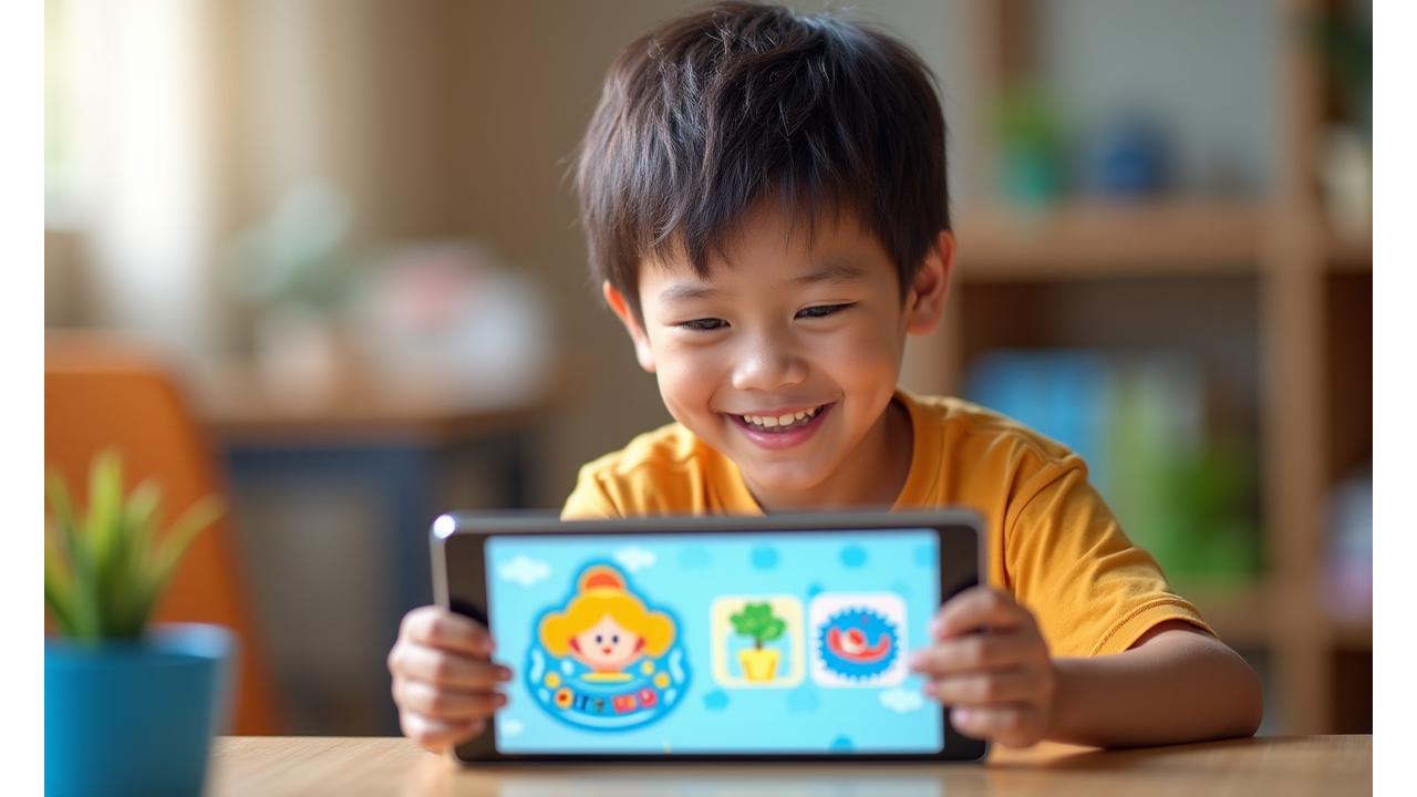 Isang Pilipinong bata na may special needs na may ngiti sa mukha habang gumagamit ng Sulyap Kids app, sa likod ay may blurry background ng klase, na nagpapakita ng tagumpay at ngiti.