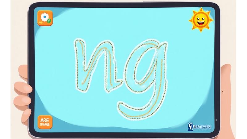 Interactive demo of Sulyap Kids handwriting app, showing a child tracing the letter 'B' in cursive with a guiding animation