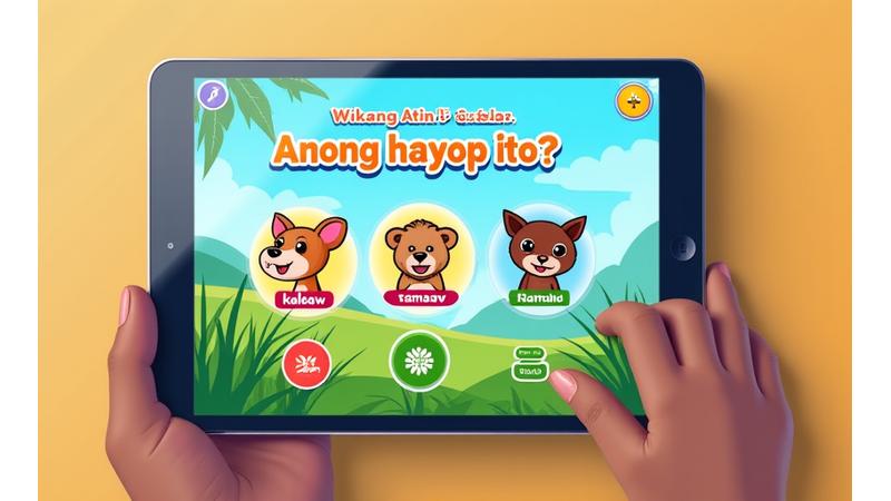Interactive demo of Sulyap Kids Filipino language app, showing a quiz on common Tagalog animals with colorful illustrations