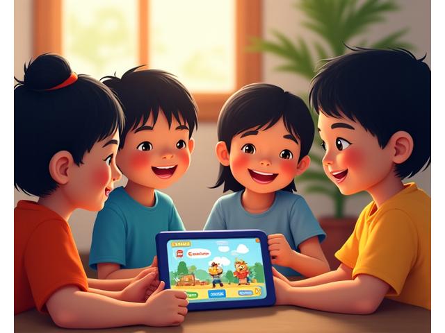 Diverse Filipino children engaged in a Sulyap Kids app learning about local festivals and folk tales