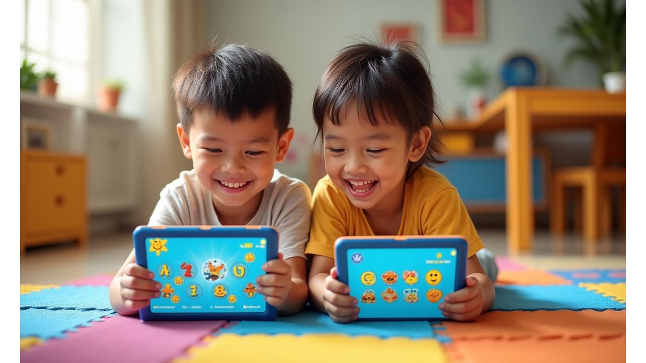 Filipino children joyfully learning with Sulyap Kids educational apps on tablets