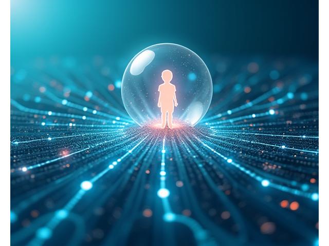 Stylized abstract graphic representing AI and adaptive learning pathways with a child's profile bubble, showcasing personalized educational journey