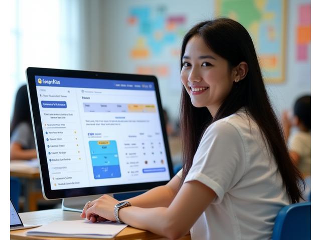 Teacher managing a digital classroom on a tablet, showing student progress and assignment distribution on the Sulyap Kids platform