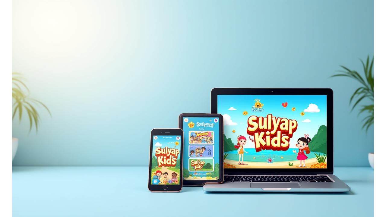 Sulyap Kids mobile learning platform interface across a tablet, smartphone, and laptop, displaying interactive Filipino-themed educational content
