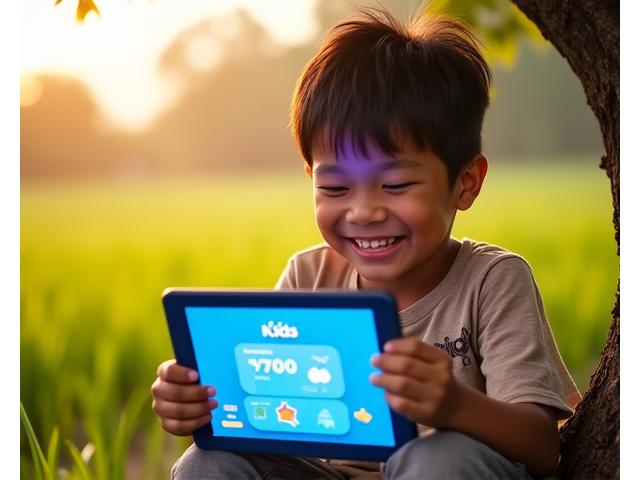 Child happily using a tablet outdoors in a rural Philippine setting, illustrating offline learning capabilities