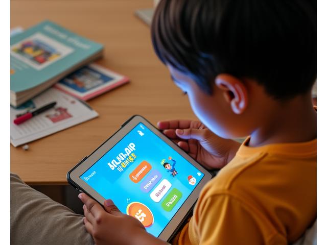 Isang Pilipinang magulang at anak na nakaupo sa isang komportableng setting sa bahay, nagtutulungan sa isang tablet na nagpapakita ng isang Sulyap Kids educational app. May mga guide book at note sa tabi nila, nagpapakita ng organisadong paggamit ng app.