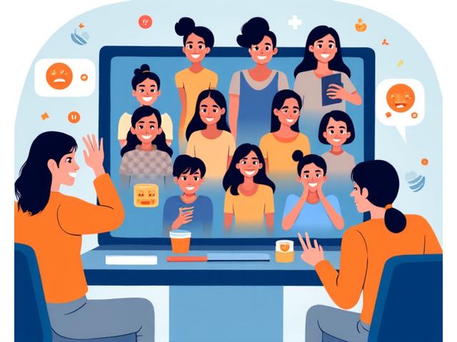 Isang grupo ng iba't ibang Pilipino na mga magulang at guro na nakangiti at nag-uusap sa isang virtual na setting, ipinapakita sa isang malaking screen o tablet. May mga chat bubbles at icons ng social media sa paligid nila, nagpapakita ng koneksyon.