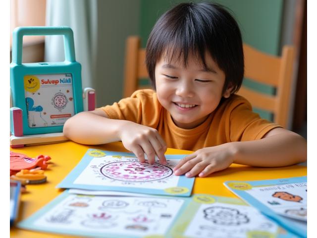 Isang aktibong bata na Pilipino na gumagawa ng arts and crafts ng isang parol (Filipino lantern) sa isang mesa, napapalibutan ng mga makukulay na papel, gunting, at pangkulay. May mga worksheet at app icons ng Sulyap Kids sa likuran.