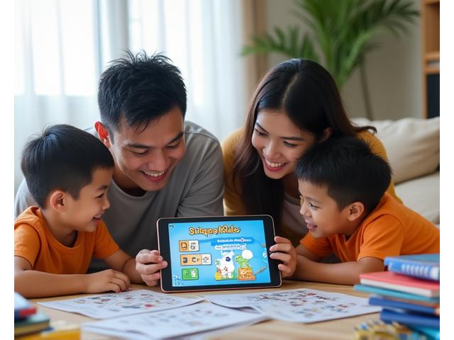 Nasa mesa ang isang magandang larawan ng pamilya ng Pilipino na nagbabasa. Maraming librong pang-edukasyon para sa mga bata at tablet na may Sulyap Kids app sa display. Gumagabay ang mga magulang sa kanilang mga anak sa bahay.