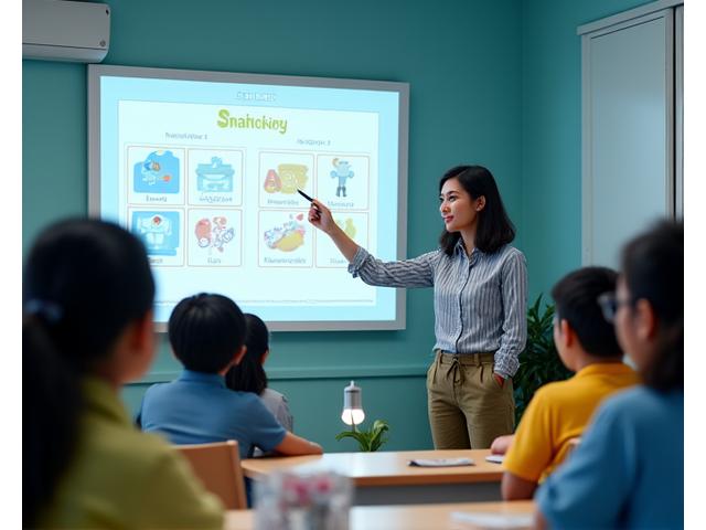 Ang isang Pilipinong guro ay nagtuturo sa isang grupo ng mga bata sa isang maliwanag na silid-aralan. Gumagamit sila ng interactive whiteboard na nagpapakita ng isang Sulyap Kids app, at ang mga bata ay masiglang nakikilahok. May mga makasaysayang guhit ng kultura ng Pilipino sa likuran.