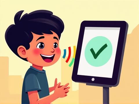 Illustration of a child speaking into a tablet with sound waves and an encouraging checkmark appearing, showing voice recognition success.