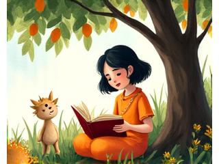 Illustration of Mayumi, a young girl in traditional Filipino attire, reading a book under a mango tree.