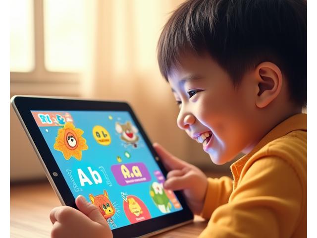 Child interacting with Sulyap Kids phonics app on a tablet, showing Filipino letters and colorful characters.