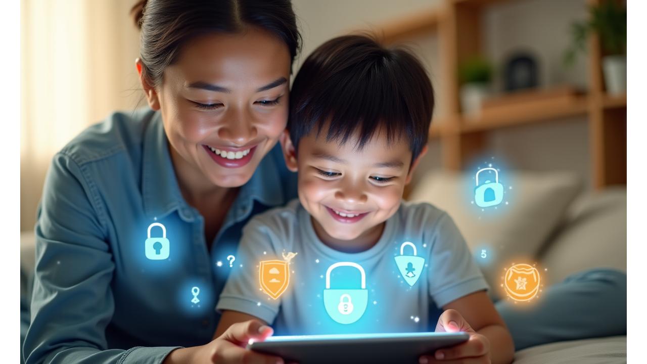 Mga magulang at anak na masayang gumagamit ng tablet, na may mga icon ng lock at kalasag na lumulutang sa paligid, sumisimbolo sa seguridad ng data.