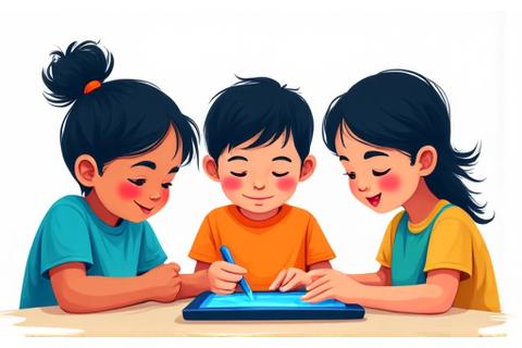 Larawan ng mga batang nagtutulungan sa isang tablet, na sumasagisag sa positibong digital na pakikipag-ugnayan.