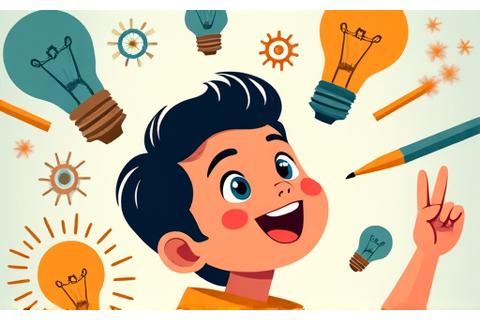 Ilustrasyon ng isang maliwanag na nakangiting batang Filipino na may mga simbolong nagpapahiwatig ng mga ideya at copyright sa paligid niya, na may temang kultural.