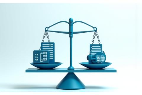 Ilustrasyon ng mga kaliskis ng hustisya na may mga icon ng digital na pag-aaral, na sumasagisag sa balanseng legal na tuntunin.