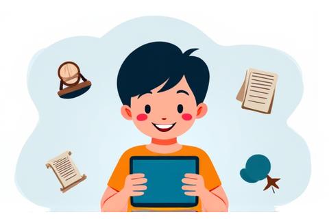 Illustrasyon ng isang batang nagbabasa ng tablet na may mga icon ng legal na dokumento sa background.